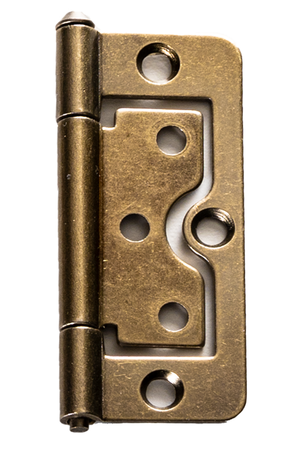 An antique brass hinge for an Artisan Plantation Shutter