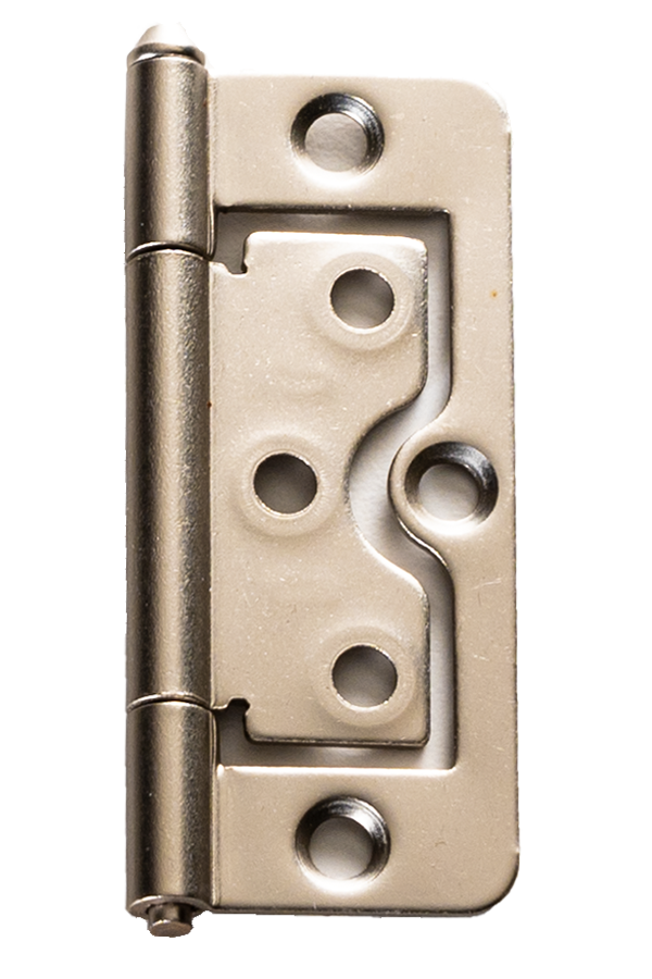 A brushed nickel hinge for an Artisan Plantation Shutter