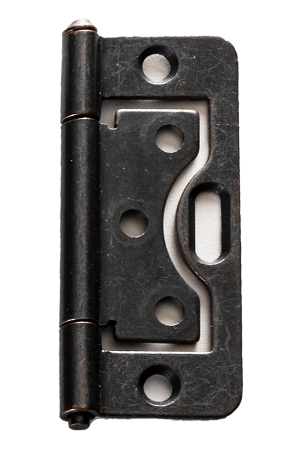 An oil rubbed bronze hinge for an Artisan Plantation Shutter