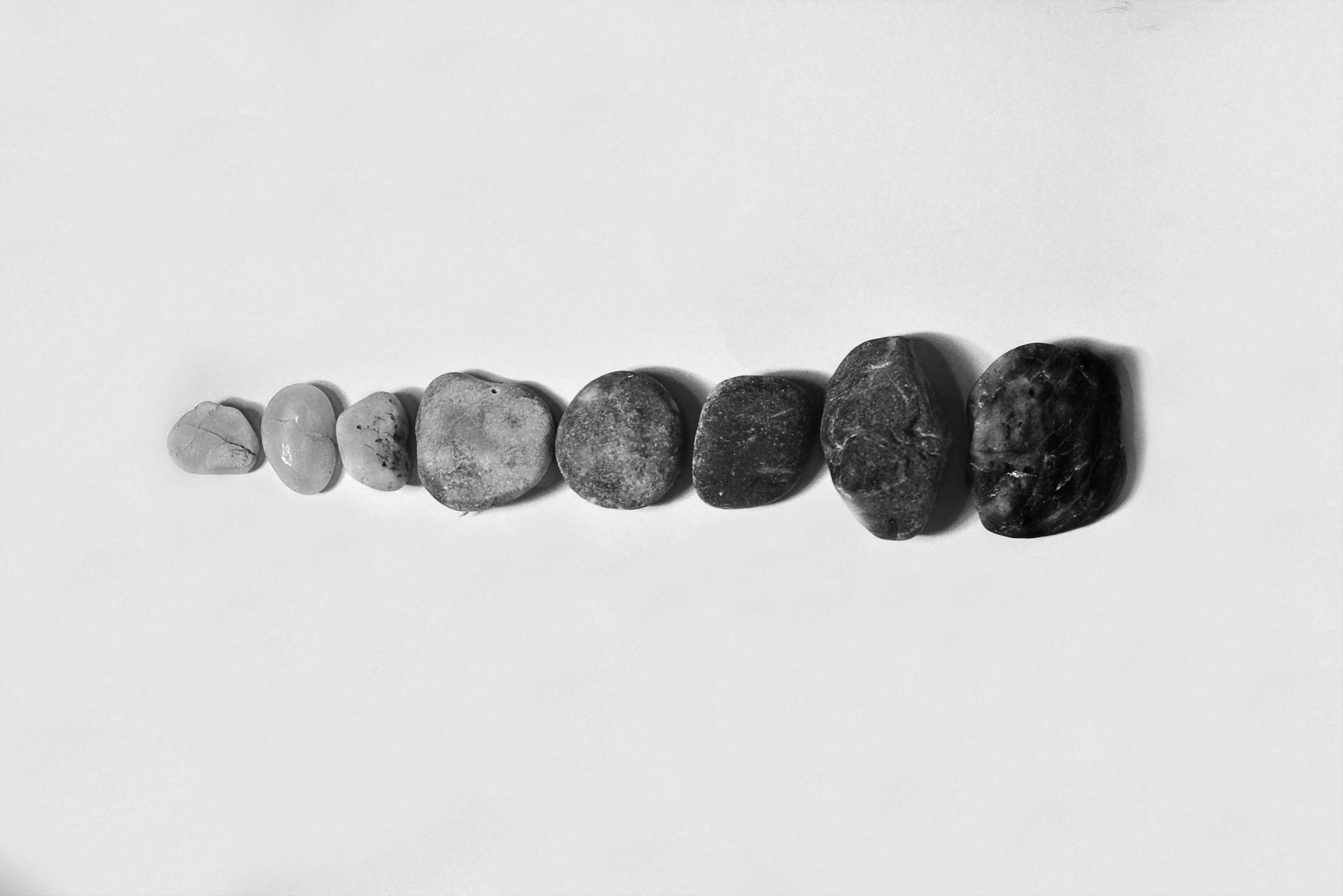 A black and white photo of a row of rocks on a white surface.