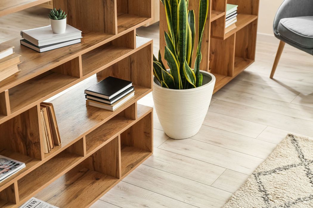 Una sala de estar con estantes de madera y una planta en maceta.
