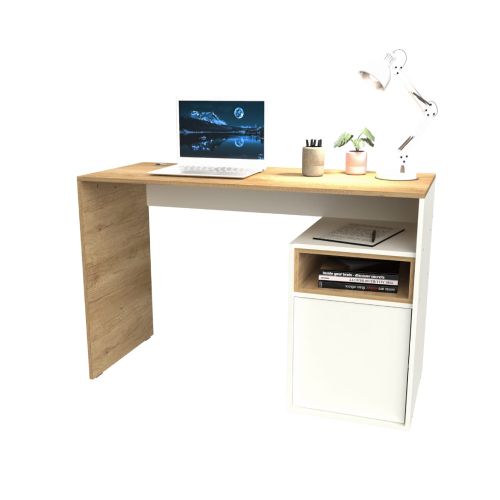 Escritorio de madera con portátil, lámpara y mueble de almacenaje, color blanco y tostado.