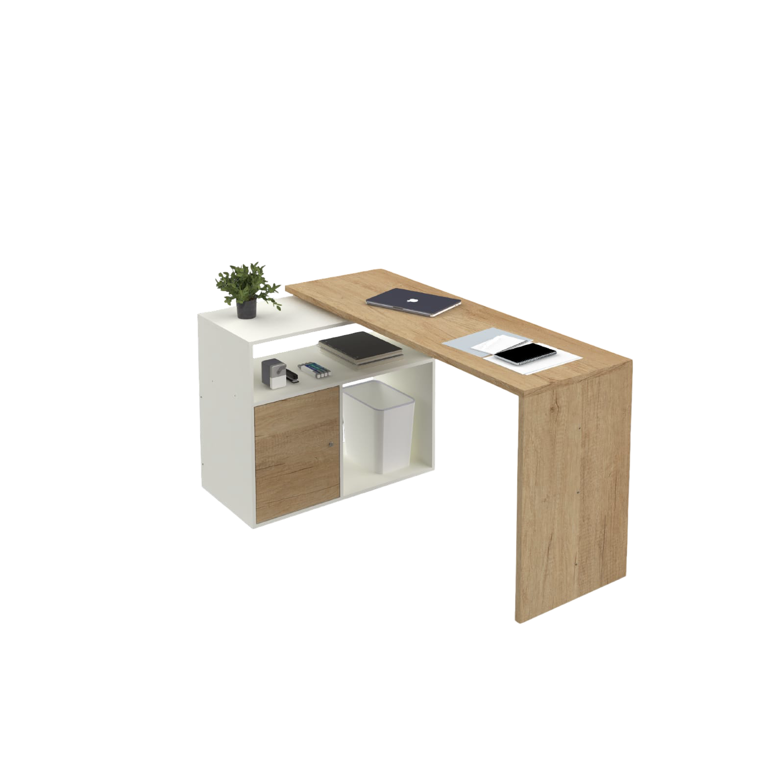 Escritorio en tono blanco y madera con almacenamiento, computadora portátil, teléfono y planta.