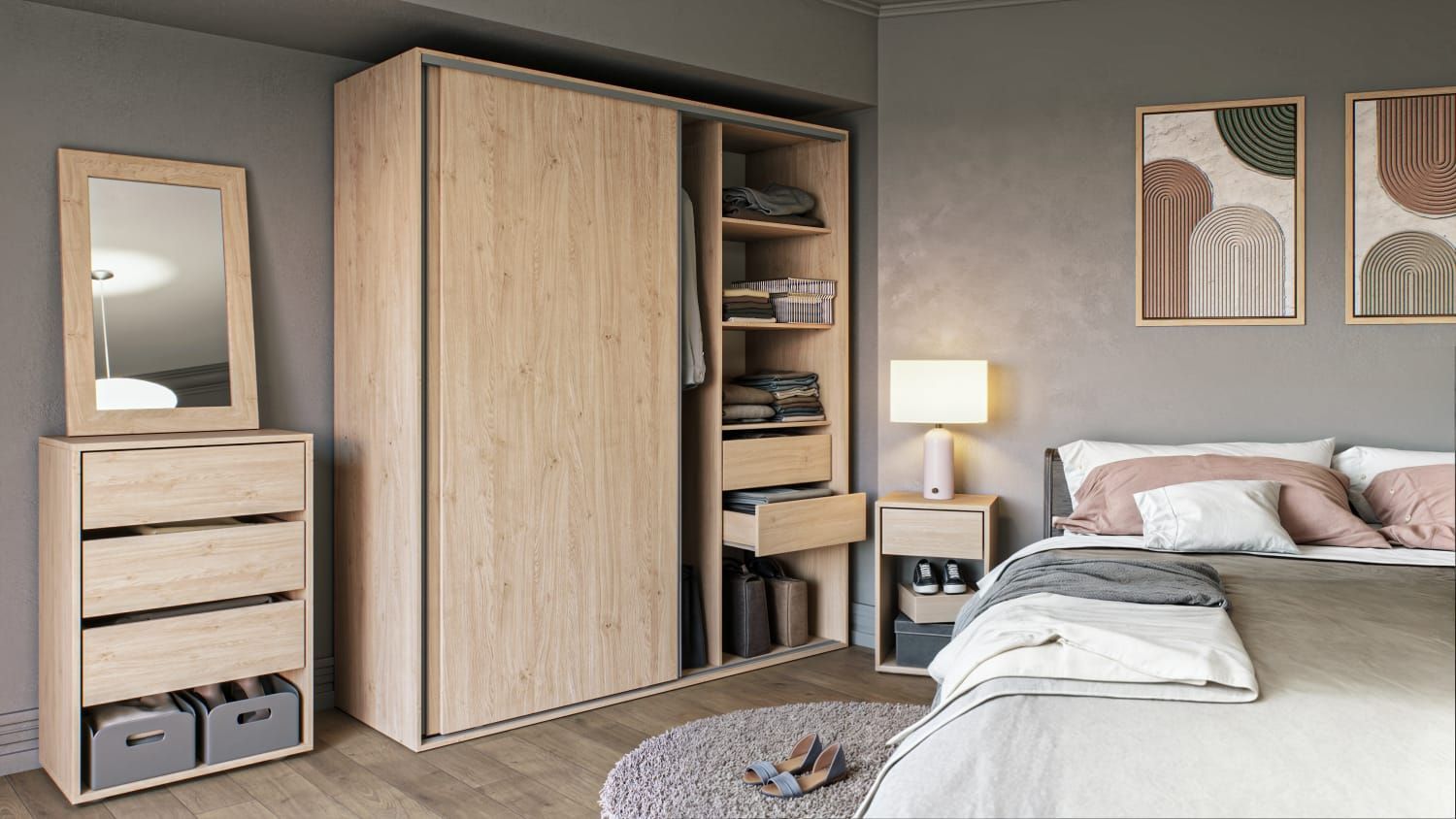 Un dormitorio con cama, cómoda, espejo y armario.