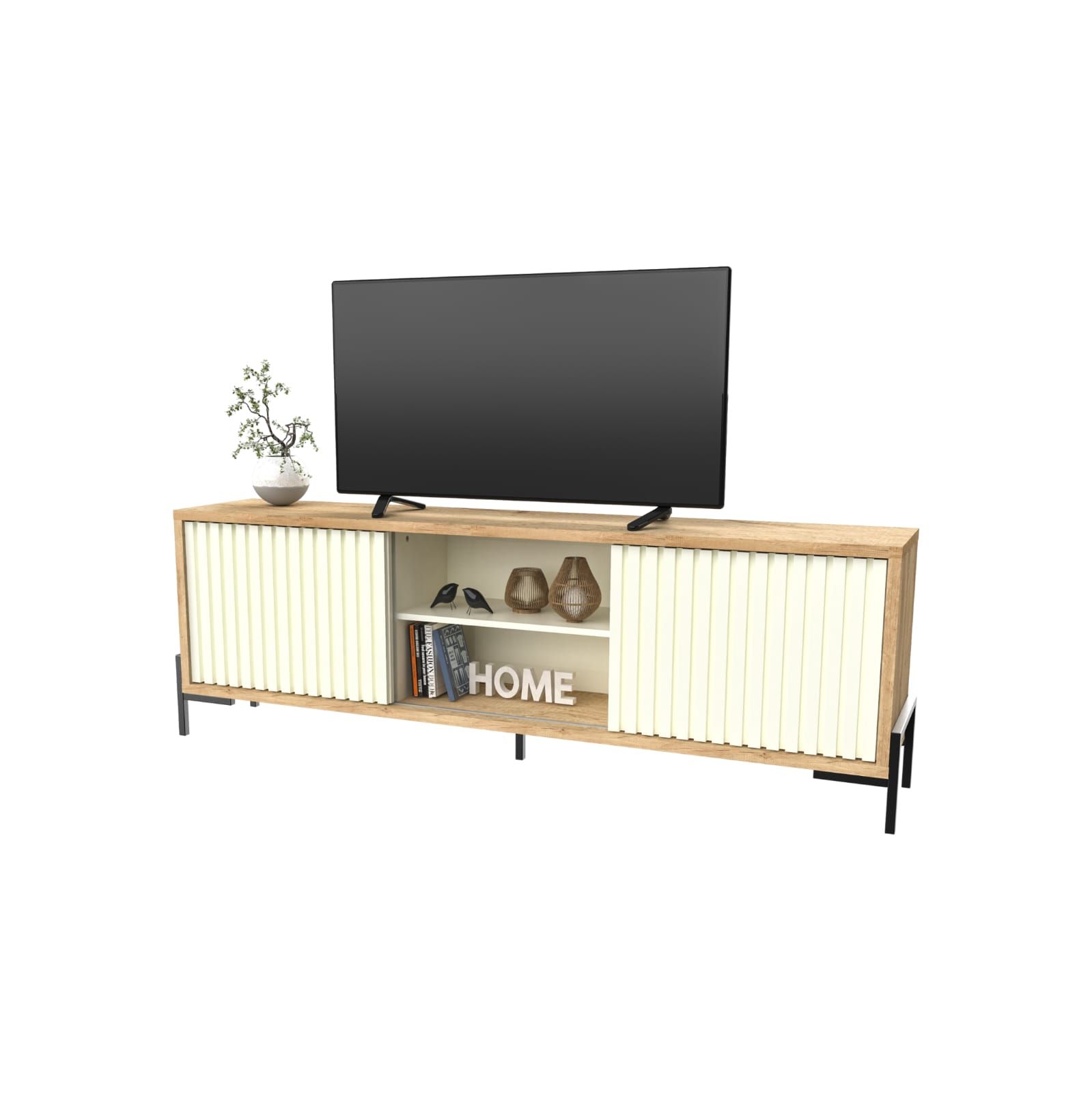 Un mueble de TV moderno con un televisor encima. Tiene estructura de madera, puertas color crema y patas negras, en una habitación blanca.