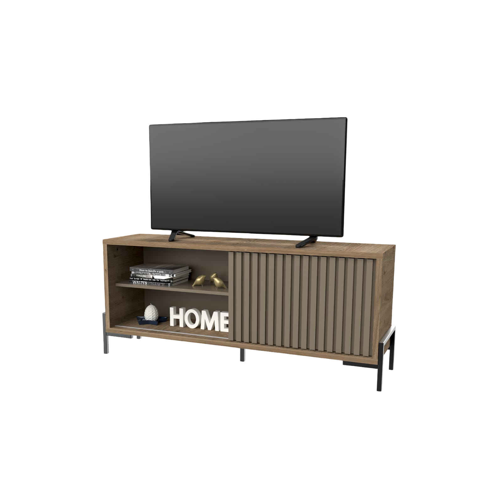 Televisor sobre una consola multimedia de madera marrón con puerta acanalada, letras 