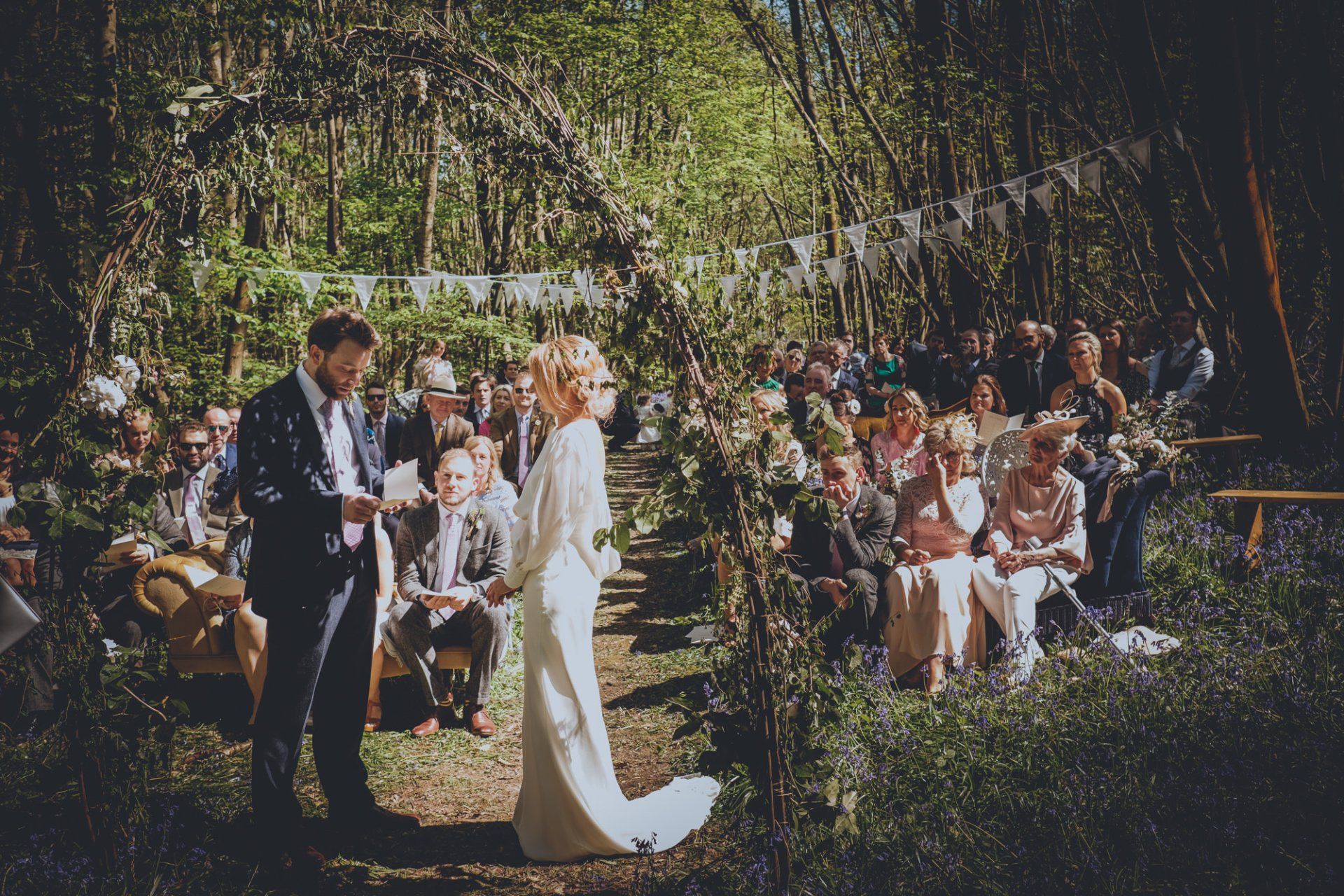 Woodland wedding in bluebell forest