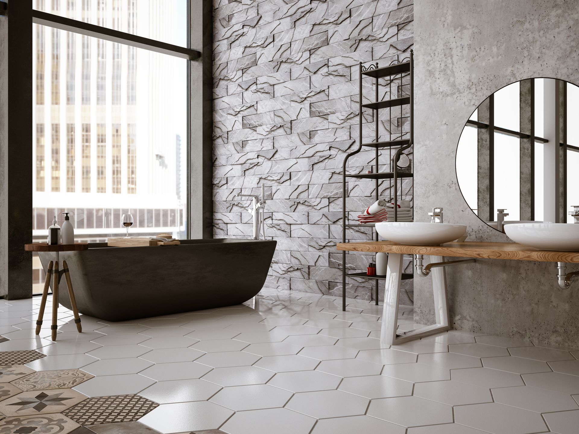 Modern bathroom with stone tile wall, black tub, wooden vanity, large window, and hexagon floor tiles.