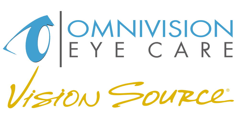 The omnivision eye care vision source logo is blue and yellow.