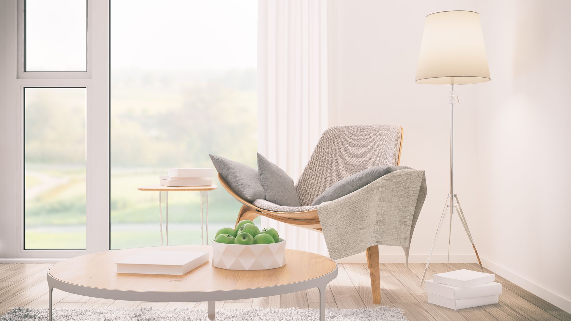 A living room with a chair , coffee table , lamp and window.