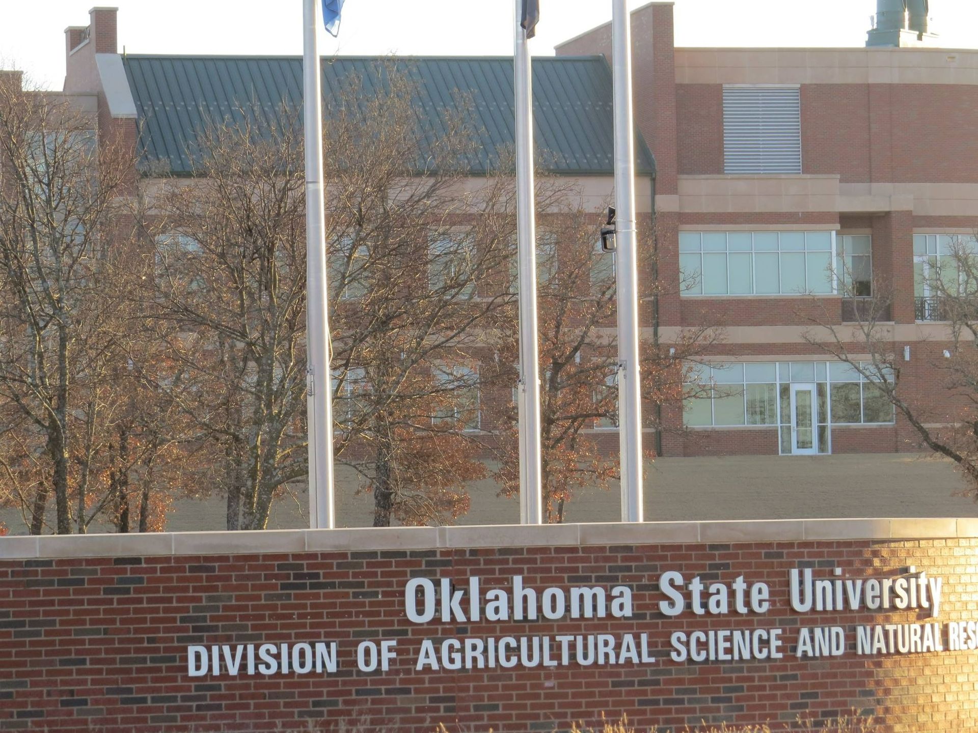Oklahoma State University building with flag poles and brick sign, fall setting.