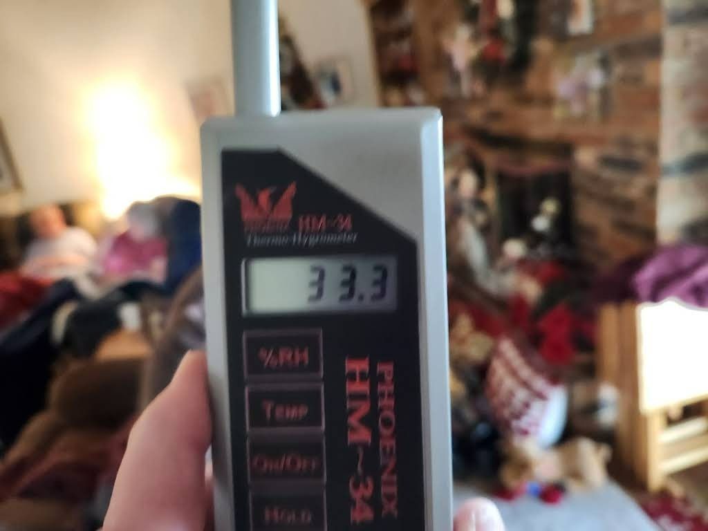 Hand holding a Phoenix HM-34 moisture meter displaying a reading of 33.3, in a cluttered living room.