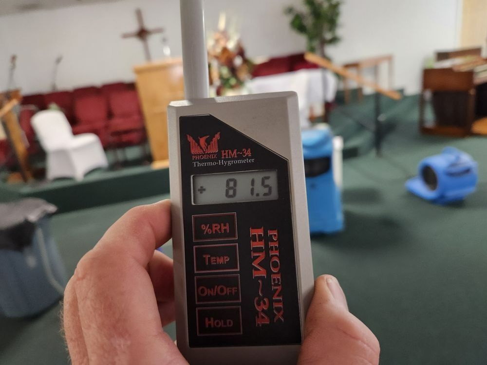 Hand holding a Phoenix HM-34 moisture meter in a church. The display shows 81.5.