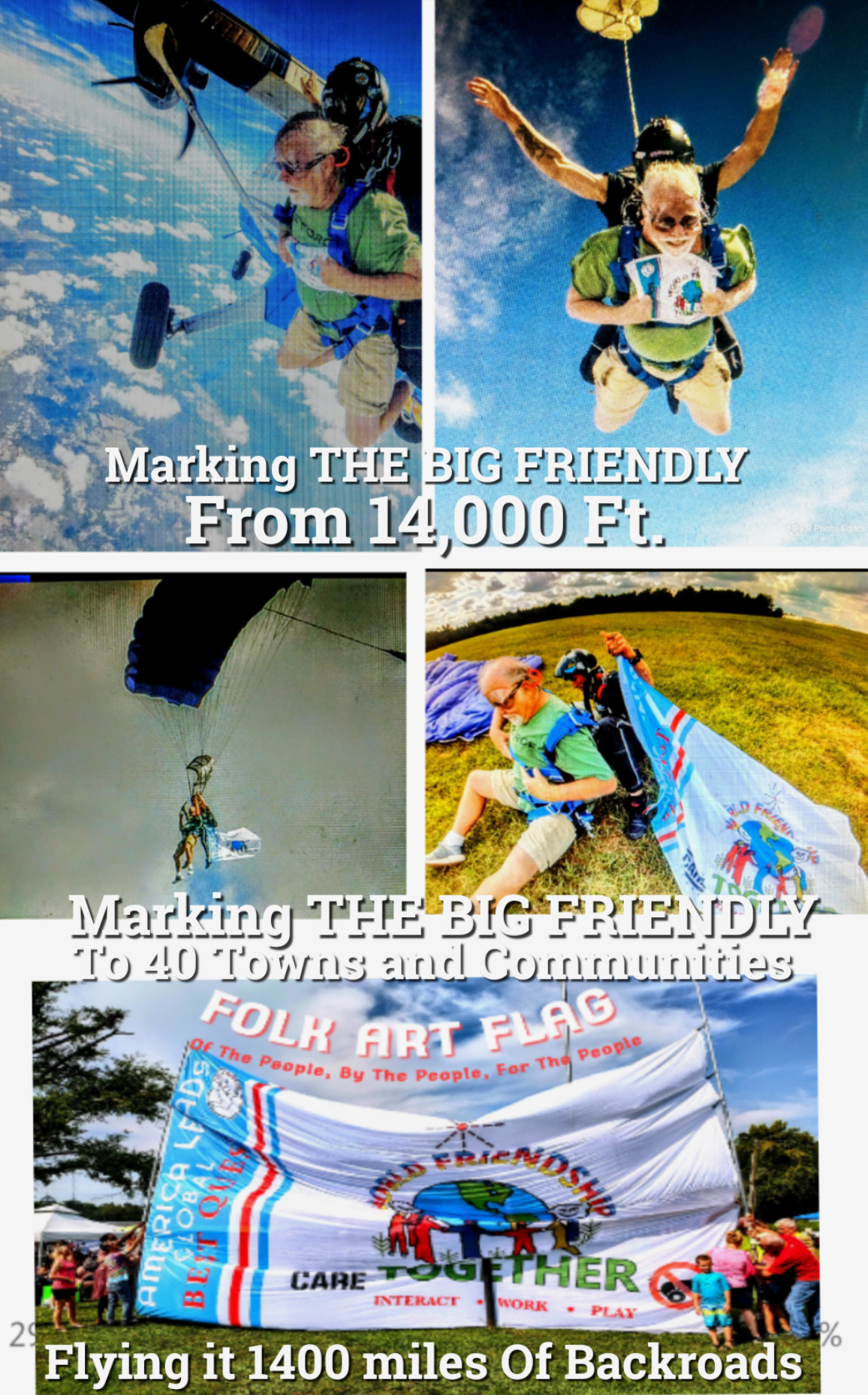 A collage of photos with the words marking the big friendly from 14000 ft flying it 1400 miles of backroads