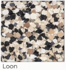 Terrazzo sample labeled “Loon” with black, beige, cream, and taupe chips