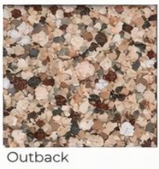 Close-up of speckled beige, brown, and black stone pattern labeled “Outback”
