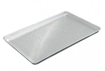 A perforated aluminum tray on a white background.