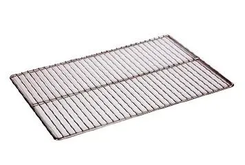 A stainless steel cooling rack on a white background.