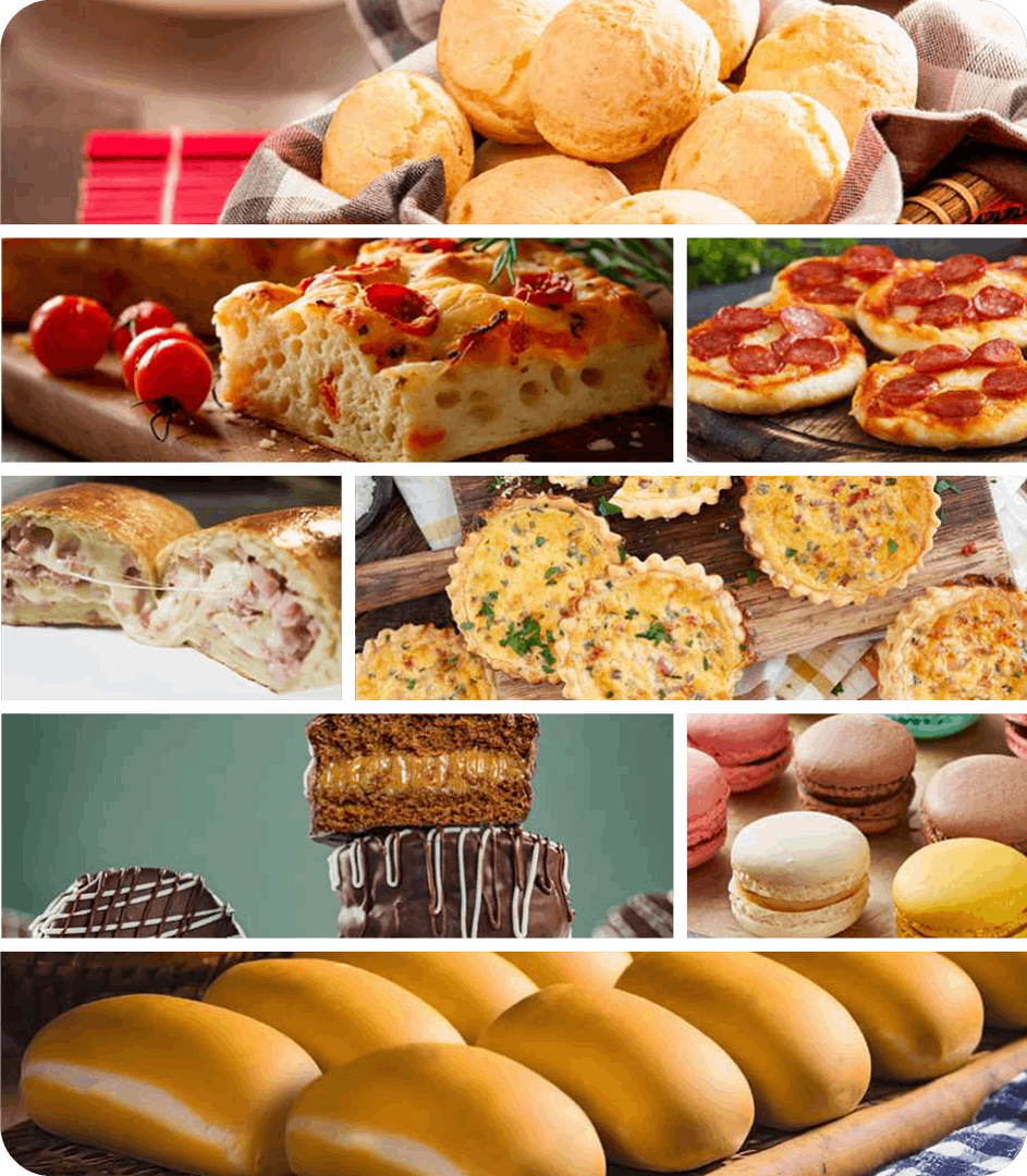 A collage of different types of bread and pastries.