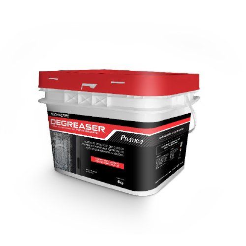 A bucket of degreaser with a red lid on a white background.