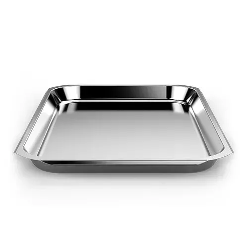 A square stainless steel tray on a white background.