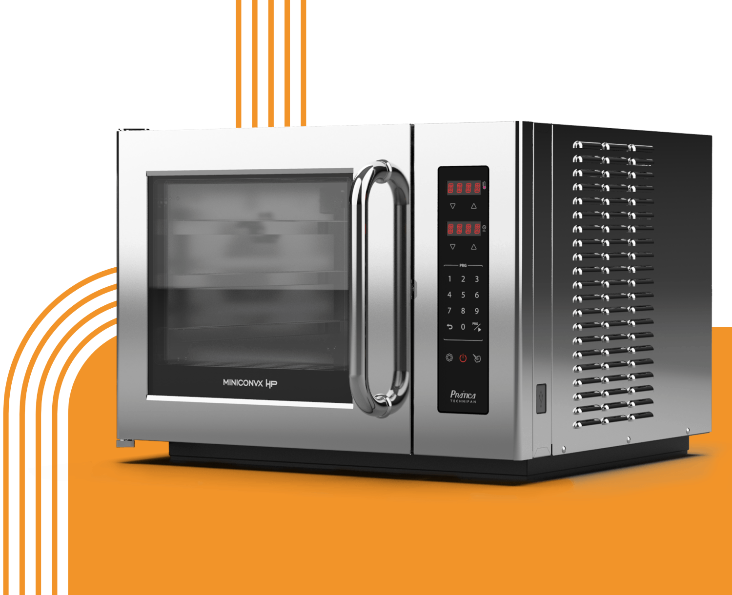 A stainless steel microwave oven is sitting on an orange background