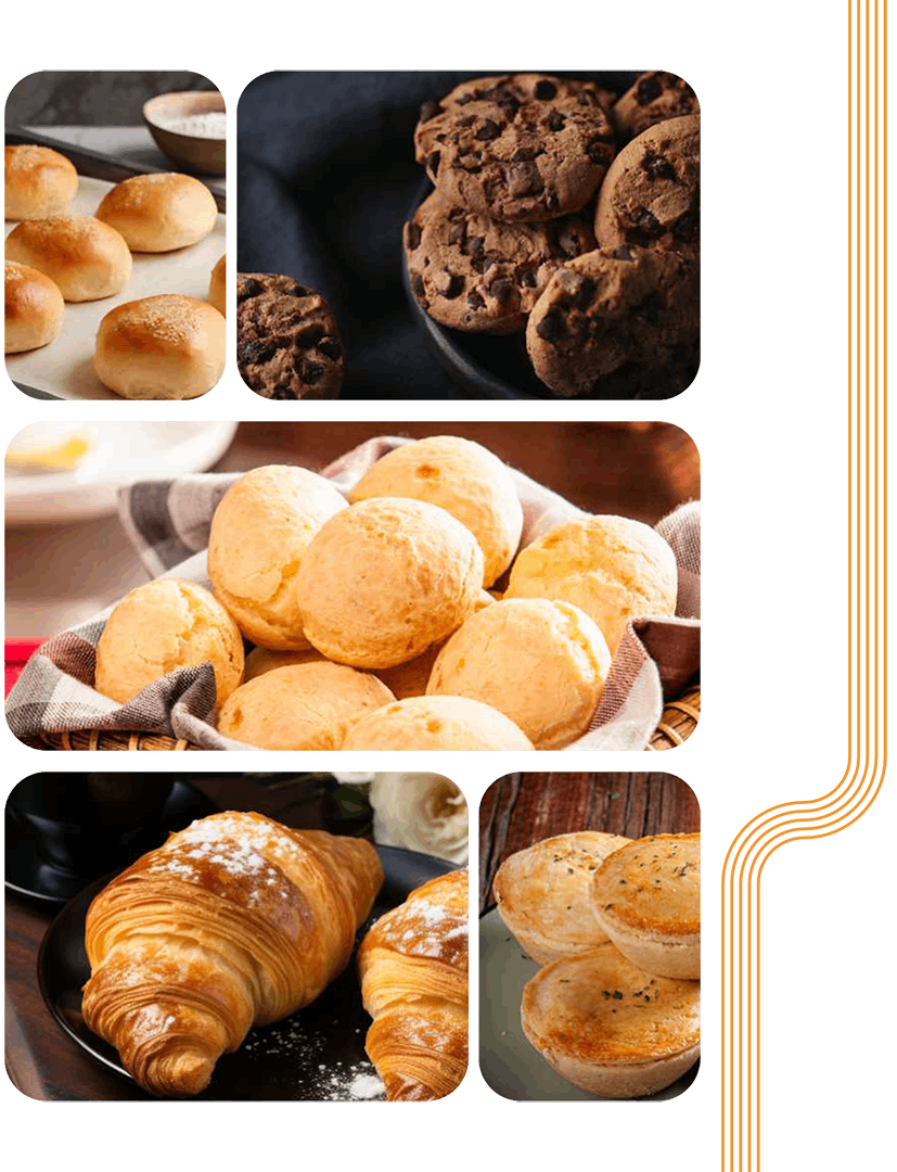 There are many different types of bread and cookies in this collage.