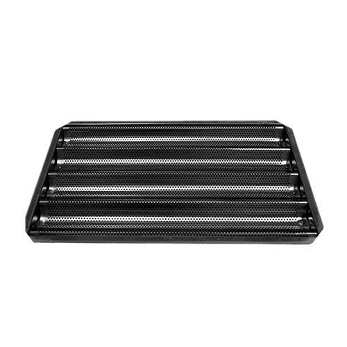 A black metal tray with holes in it on a white background.