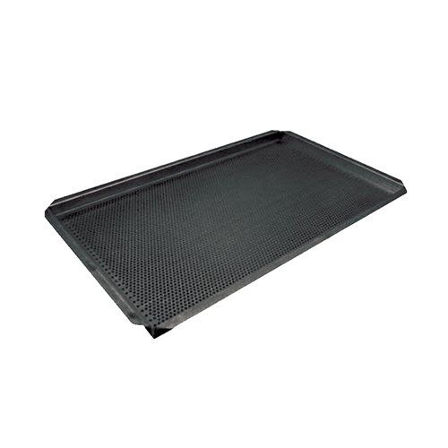 A black perforated tray on a white background.