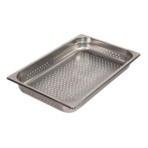 A stainless steel pan with holes in it on a white background.