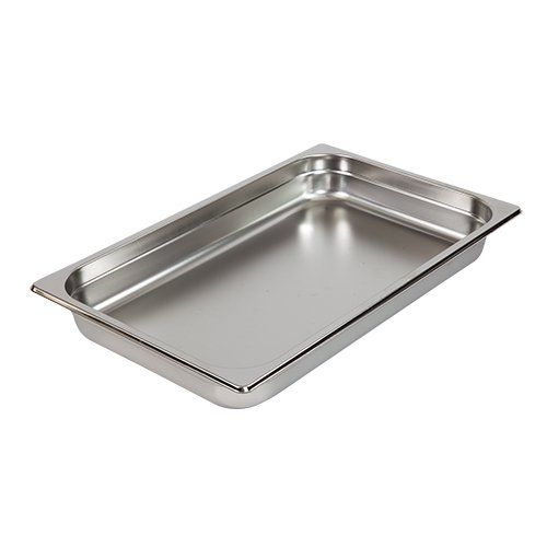 A stainless steel pan on a white background.