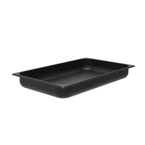 A black plastic tray with a handle on a white background.