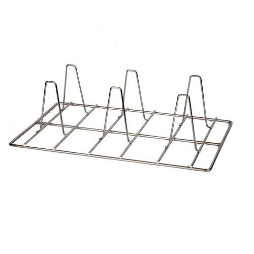 A stainless steel wire rack with a white background.