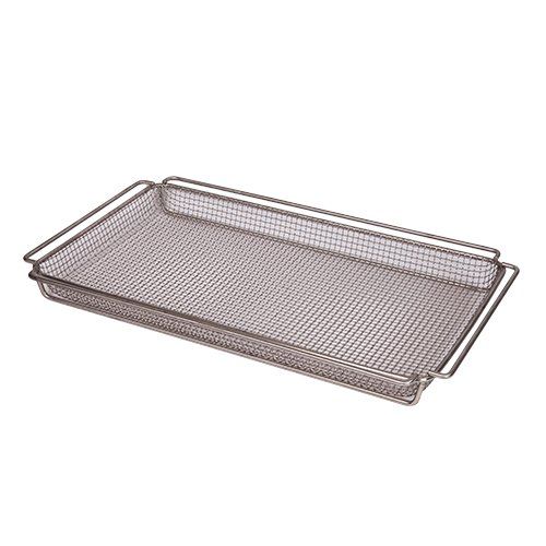 A stainless steel wire mesh tray with handles on a white background.