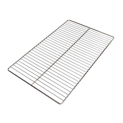 A stainless steel cooling rack on a white background.