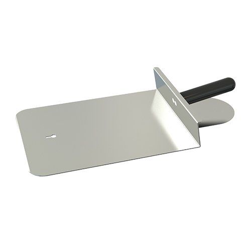 A stainless steel spatula with a black handle on a white background.