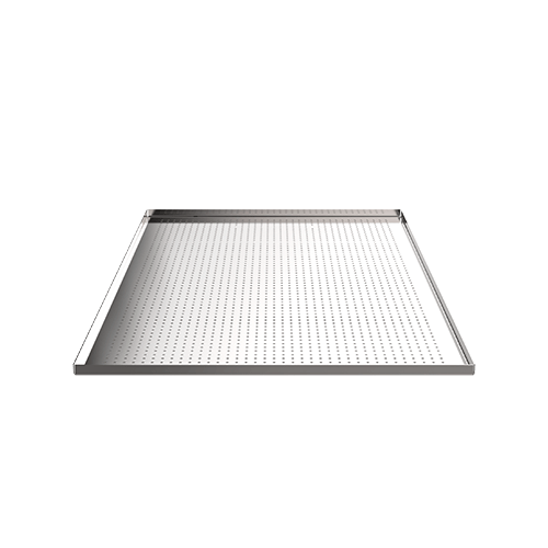 A stainless steel tray with holes in it on a white background.