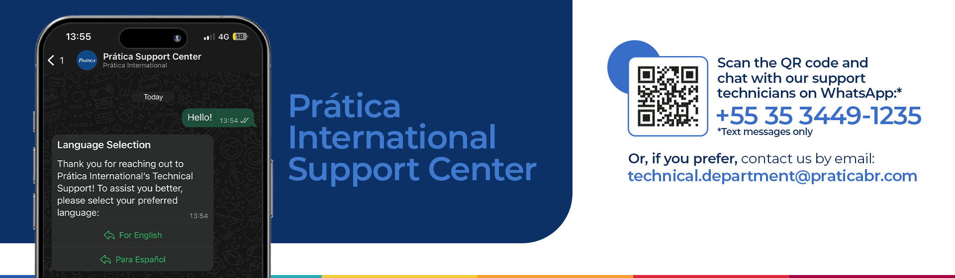 Prática International Support Center banner with a QR code for WhatsApp support and the email address export@praticabr.com.