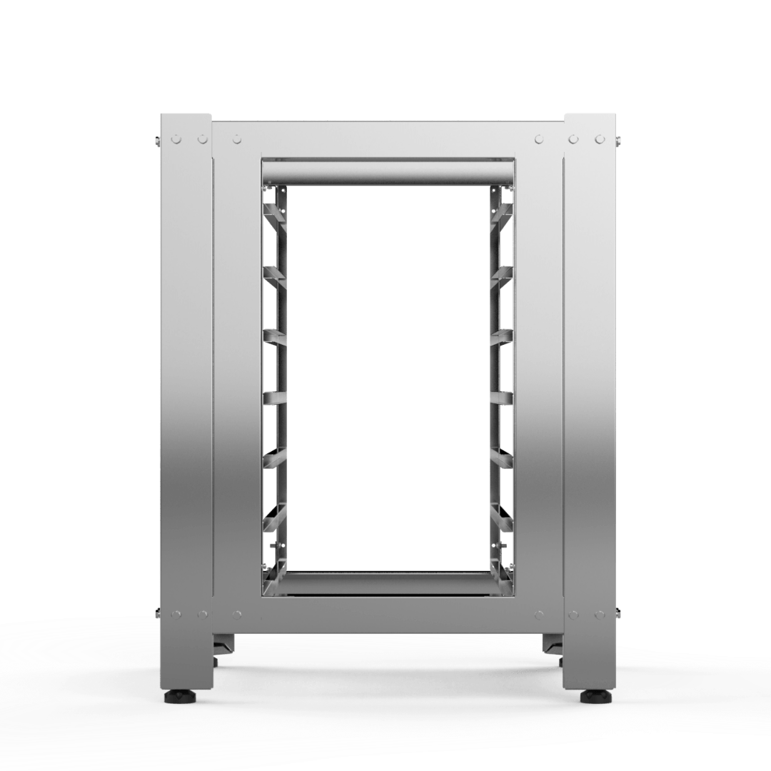 A stainless steel frame on a white background.