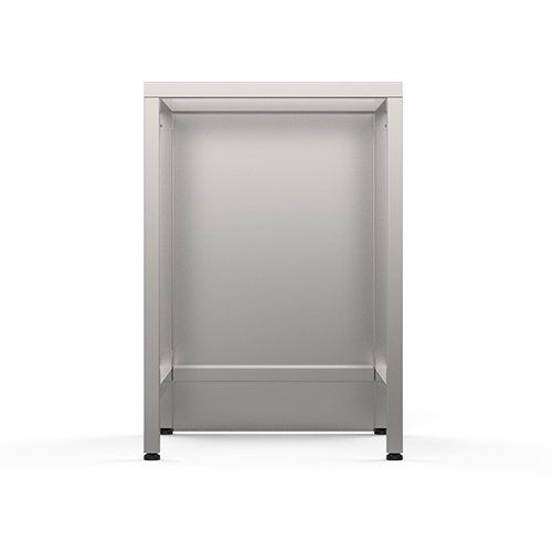 A stainless steel locker with wheels on a white background.