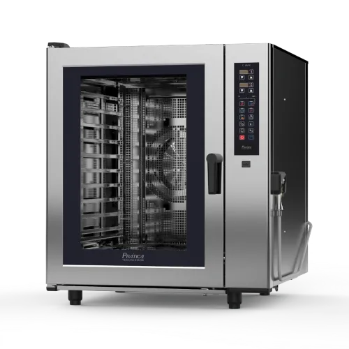 A stainless steel convection oven with a glass door on a white background.