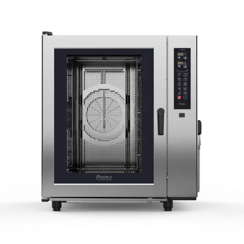 A stainless steel oven with a glass door and wheels on a white background.