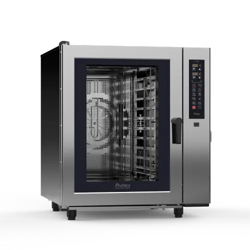 A stainless steel convection oven with a glass door on a white background.