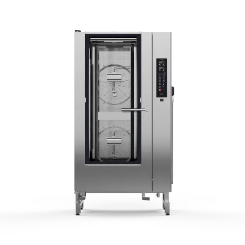A stainless steel oven with two trays inside of it on a white background.