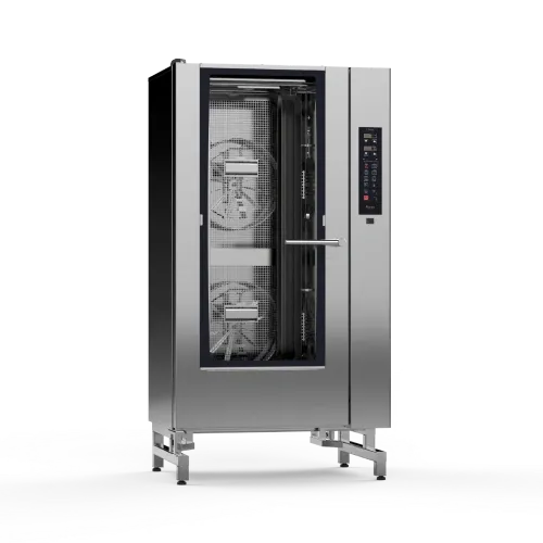 A stainless steel oven with a glass door on a white background.