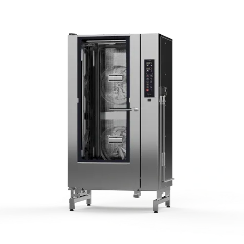 A stainless steel oven with a glass door on a white background.