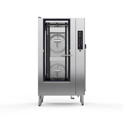 A stainless steel oven with a glass door on a white background.