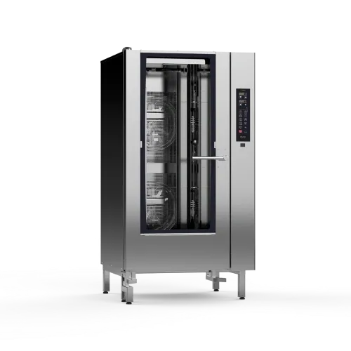 A stainless steel oven with a glass door on a white background.