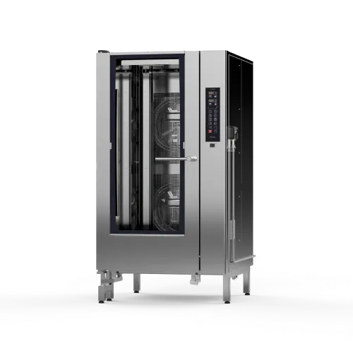 A stainless steel oven is sitting on a white surface.