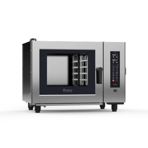 A stainless steel microwave oven is sitting on a white surface.